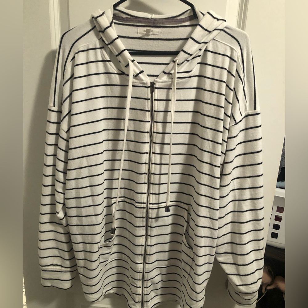 Striped White and Black Women's Hoodie Sweater